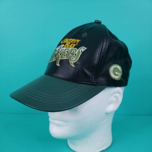 Green Bay Packers Hat Vintage 90s Genuine Leather Snapback Cap USA - Picture 2 of 11